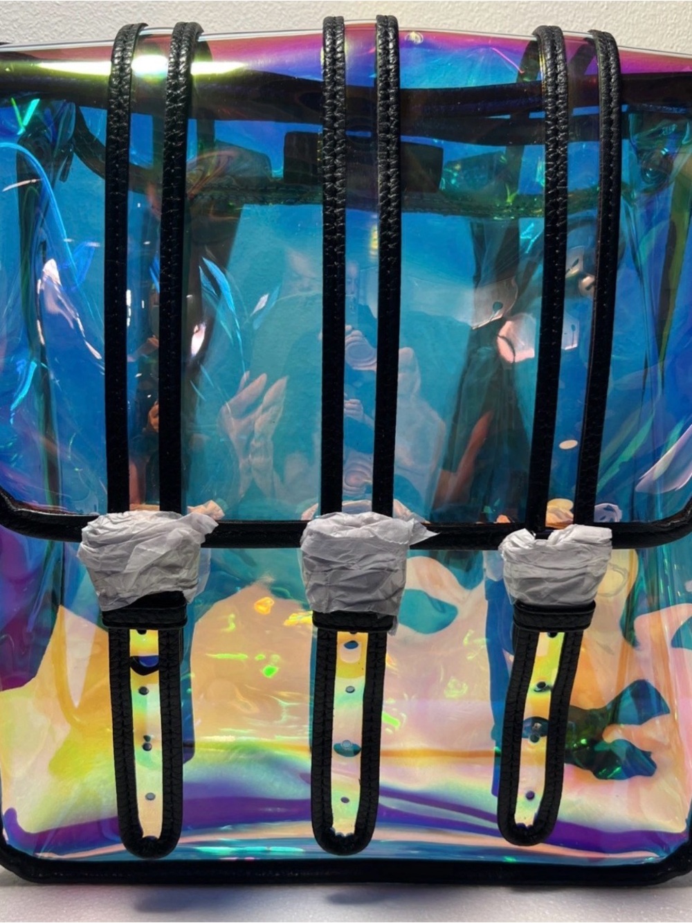 Iridescent clear Backpack  bag with Black Trim